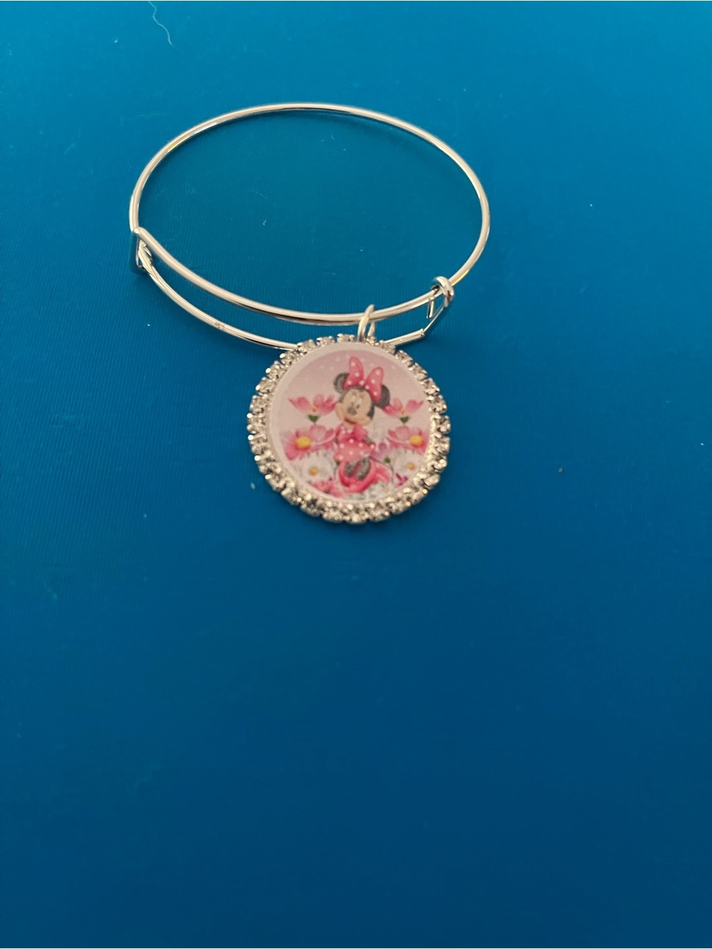 Silver Bangle Bracelet with Pink Character Charm